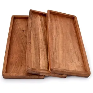 Wood Rectangular Wooden Platters for Home Decor, Food, Vegetables, Fruit, Charcuterie, Appetizer Serving Tray (13" x 5.5" x 0.75") (Set of 3)