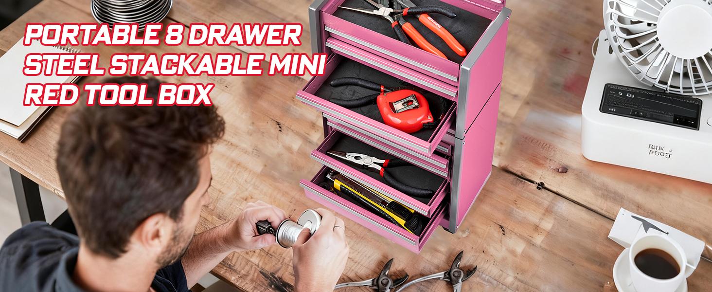 Mini Tool Box 3 Drawer Top Chest and 5 Drawer Roll Cab with Locking Stackable Hand Carry Tool for (Pink)
