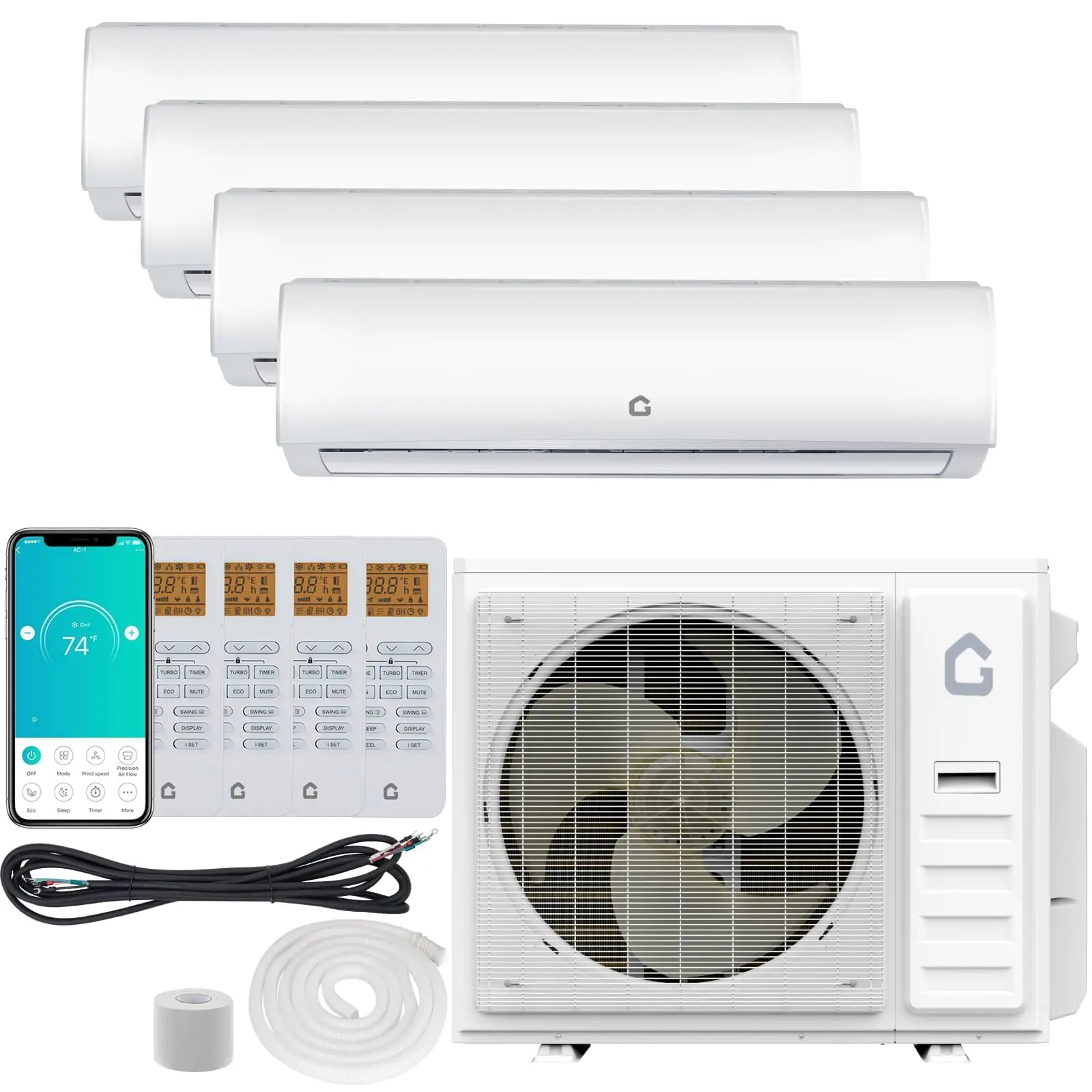 35000 BTU Quad Zone Mini Split AC/Heating System, 19 SEER2 4 Zone 12000+12000+12000+12000 BTU Ductless Split Air Conditioner w/Pre-Charged Condenser, Not Include Copper Tube Line Set, 208-230V