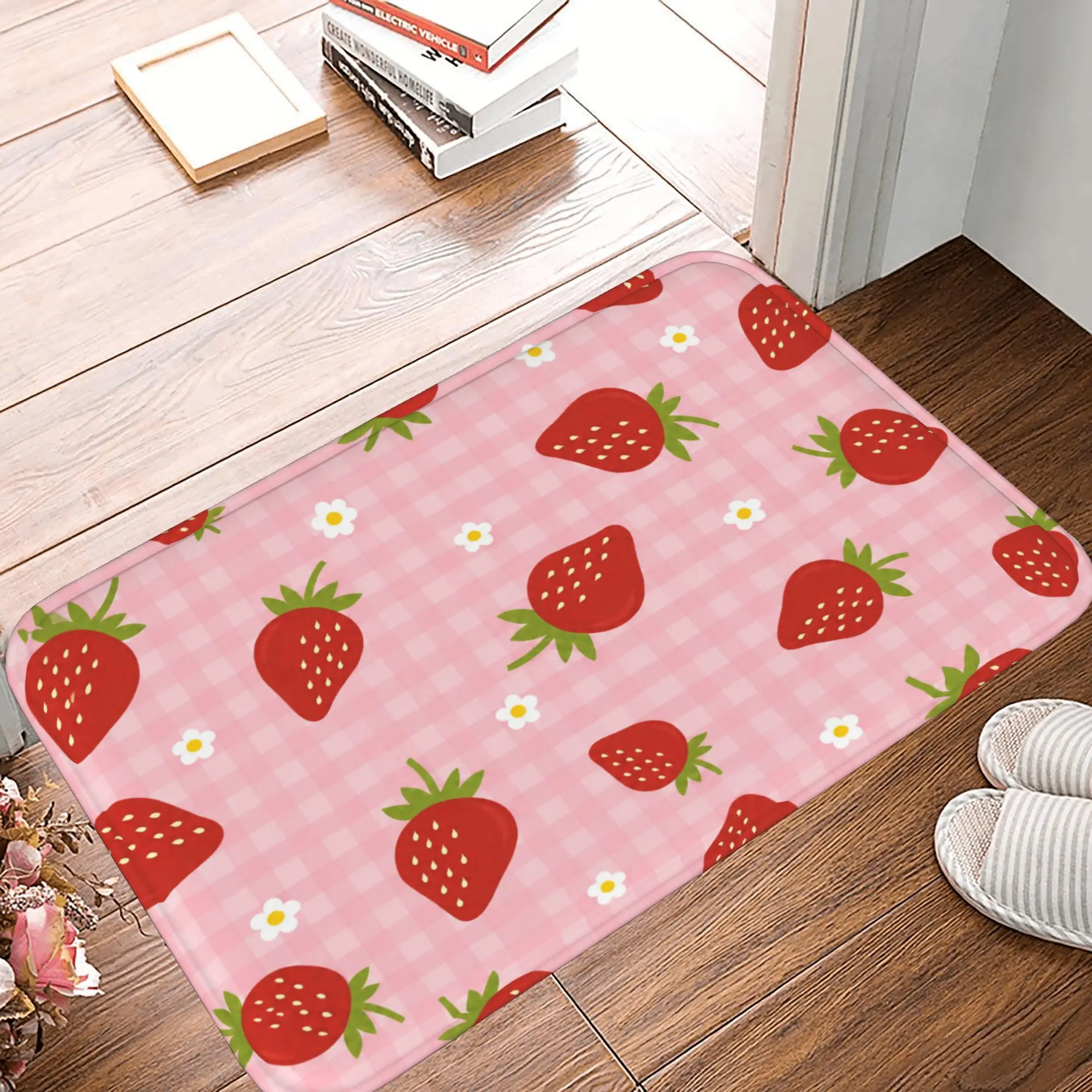 Pink Strawberry Flannel Door Mat, Non-Slip Indoor Entrance Rug, Soft Absorbent Low-Profile Bath Mat for Home Decor, Washable Decorative Welcome Mat for Kitchen Bedroom Living Room,Christmas,Santa