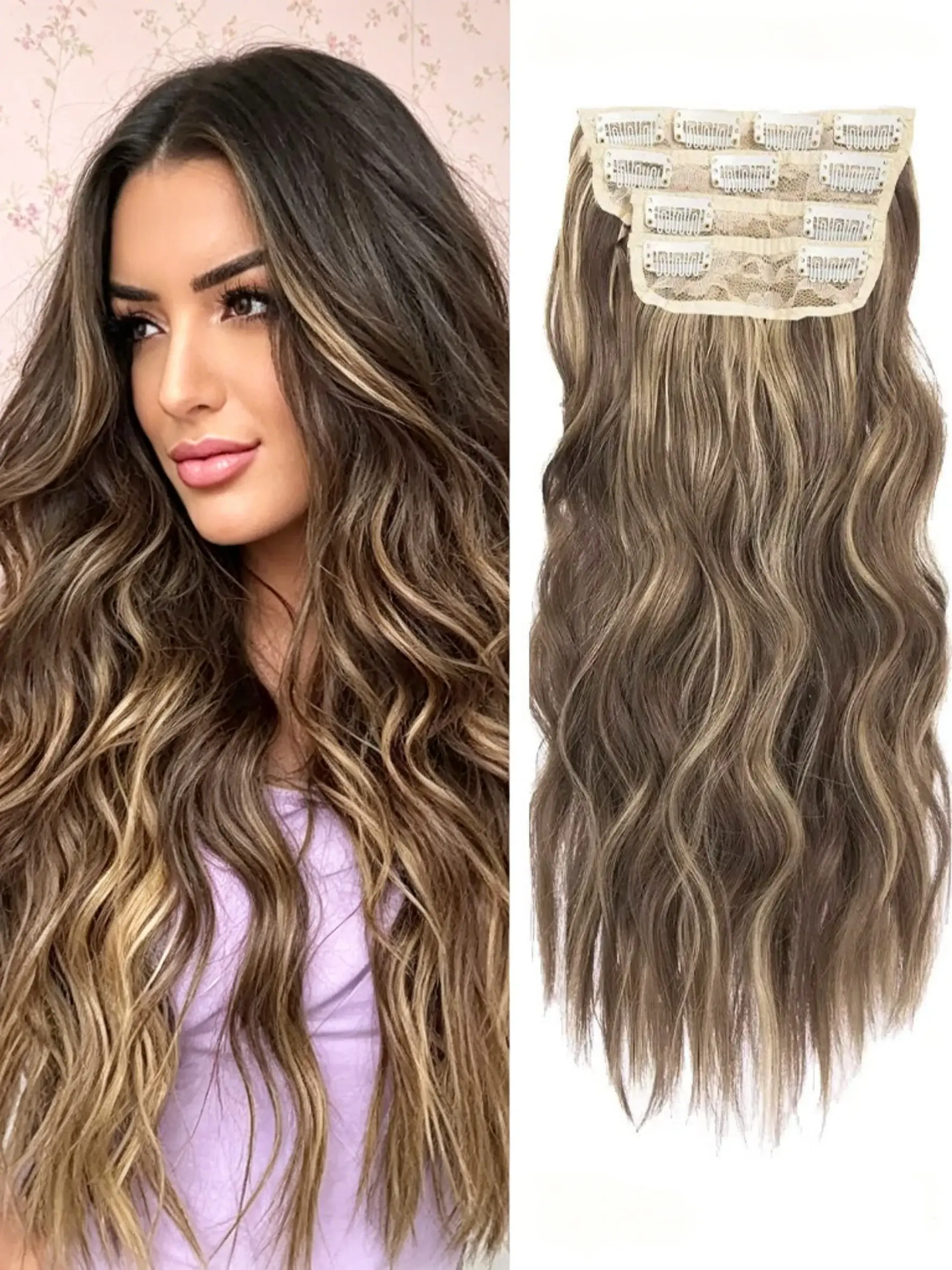 🌴 Warm Caramel Highlight Clip-In Wavy Hair Extensions | Thick Double Weft Synthetic Fiber Hairpieces, Secure Clips for Effortless Volume & Full Waves! Synthetic Fiber Extensions