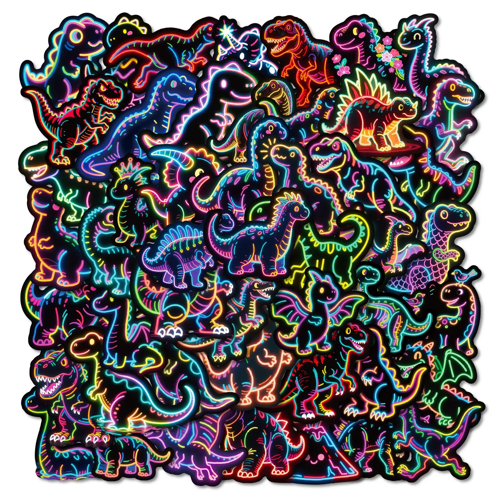 56 Piece Neon Dinosaur Stickers Set, Rainbow Style Vinyl Decals for Water Bottles, Laptops, Scrapbooks, Skateboards, Journals