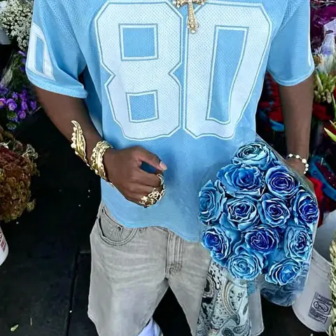 Light Blue 80 Mesh Soccer Jersey, Loose Y2K Streetwear, Breathable Mesh Fabric, Vintage Hip-Hop V-Neck T-Shirt, Athletic Sportswear Top, Athletic Active Tops, Casual Sporty Top, Sports Clothing, Ideal for Casual Wear and Summer OOTD