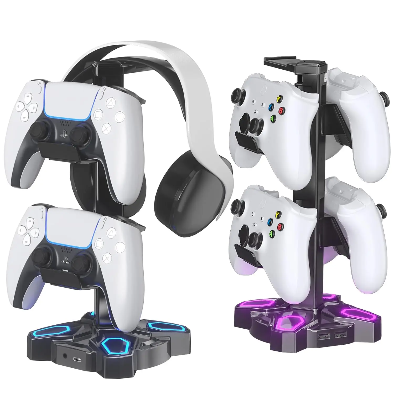 Gaming Headphones Stand, Rotatable Headset Stand with Light Modes - Controller Holder with 2 USB  Ports and 3.5mm - Earphone Hanger Accessories for Desktop Gamer(Black)