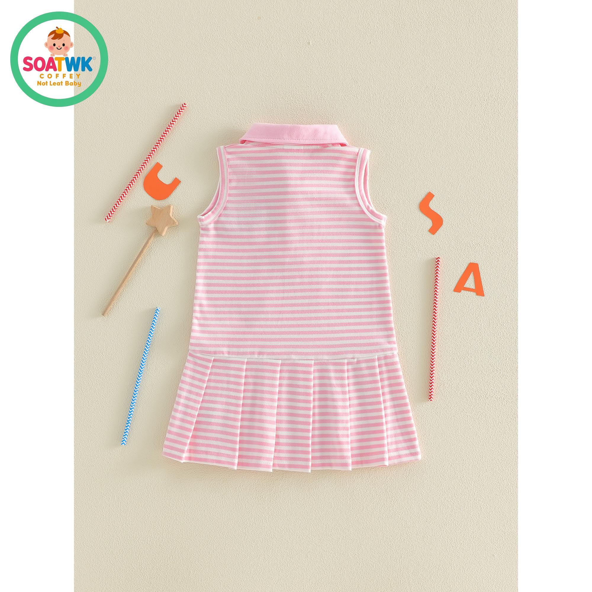 Toddler Baby Girls Patriotic Dress Fashionable 4th of July Letters Embroidery Sleeveless Collared Striped Dress