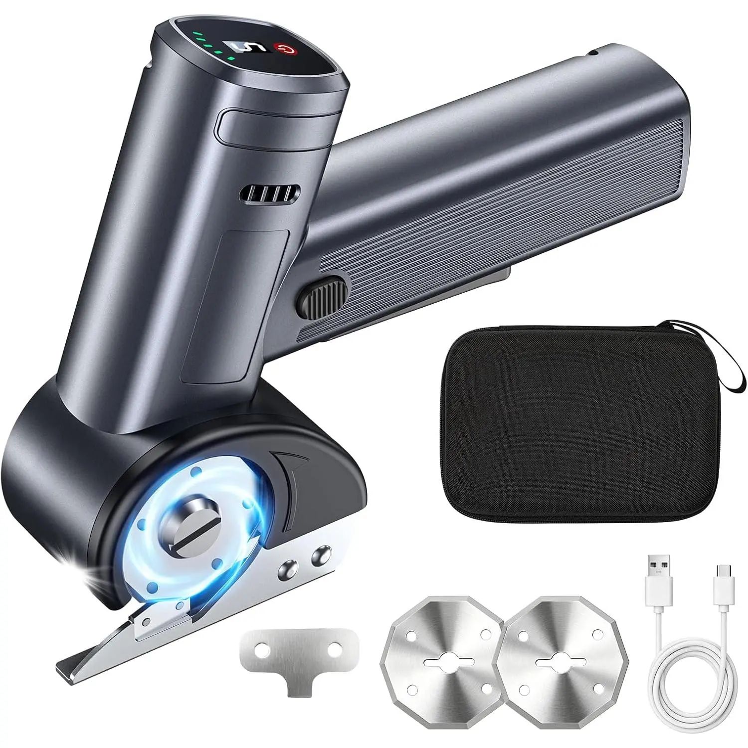 Cordless Electric Scissors Rechargeable, Smart Display Cardboard Box Cutter | 5 Speed and Battery Display Shear Cutting Tool with Storage Box Extra 2 Blades for Cardboard, Fabric, Leather DIY, Plastic