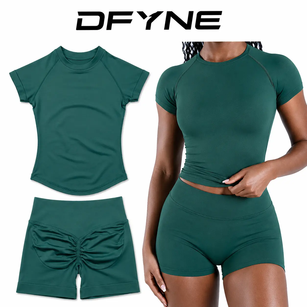 DFYNE Women’s Seamless Short Sleeve Workout Set, Breathable High Stretch Quick Dry Yoga Gym Running Activewear, Multiple Colors,Monaco