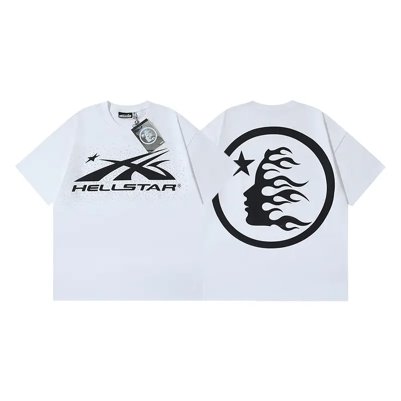 Hellstar Unisex White Heavyweight Short Sleeve T-Shirt, Front Logo Star Speckle Print Back Circle Flame Head Portrait Graphic Oversized Boxy Hip Hop Punk Urban Streetwear Crewneck Tee