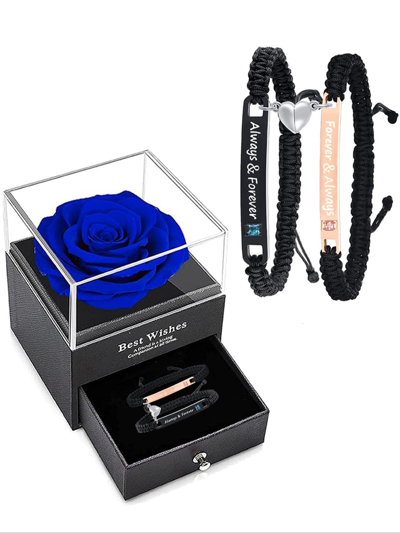 Braided Couple Matching Bracelet (2pcs/1 Set), Magnetic Heart & Letter Design Link Bracelet for Women & Men, Jewelry for Birthday Gift with Rose Box, Personalized Couples Bracelet, Adjustable Bracelets