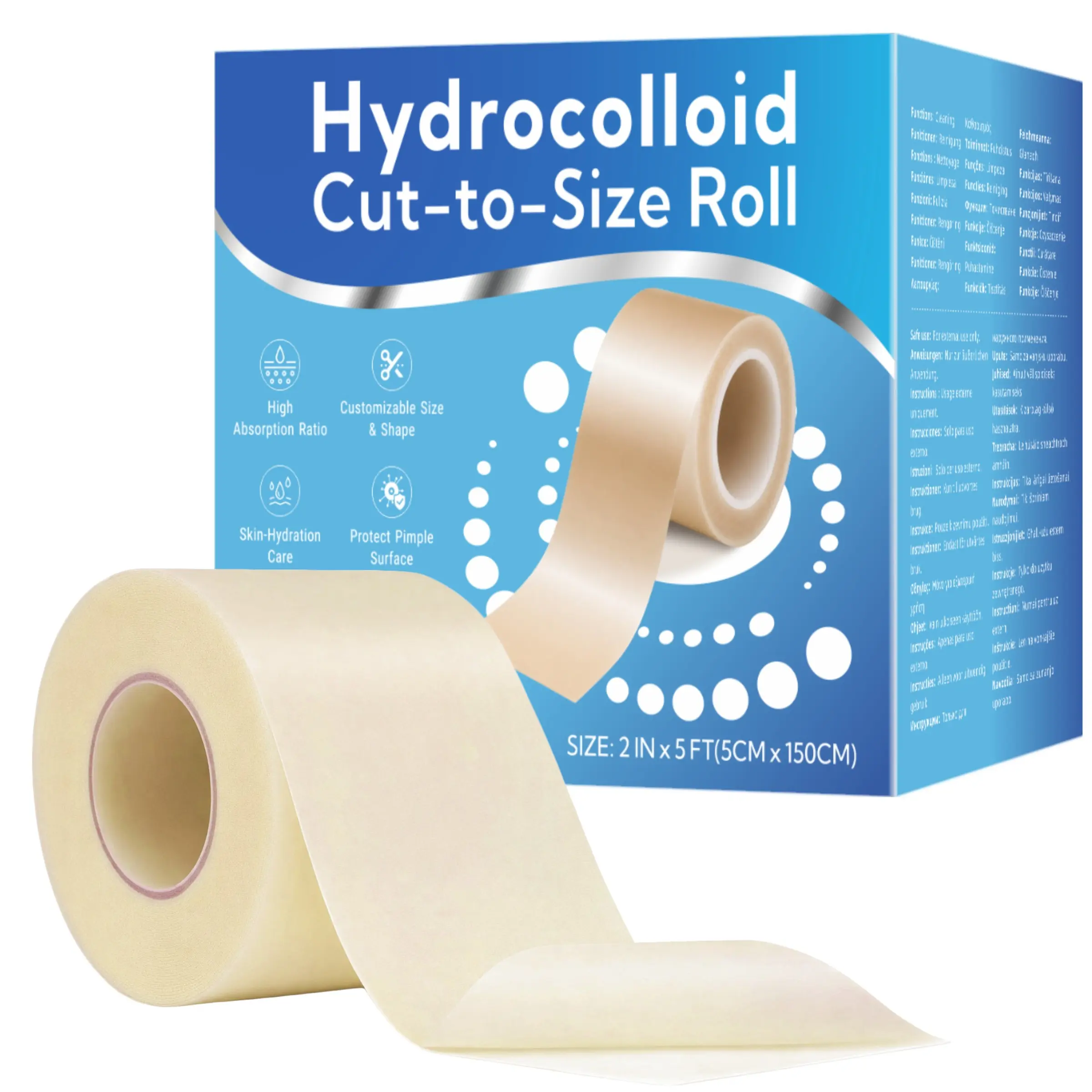 Hydrogel Bandage Roll, Hydrocolloid Adhesive Bandage for Wounds, Flexible Skin Cover for Feet Heels Fingers, Large Wound Dressing Tape