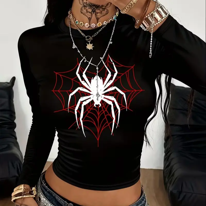 Women'S Casual Top, European And American Trendy Ins Retro Home Tight Short Elegant And Beautiful Long-Sleeved T-Shirt Base Shirt, Niche High-Waisted Exposed Waist Fashion Dark Gothic Spider Web Love Heart Print Pattern Top
