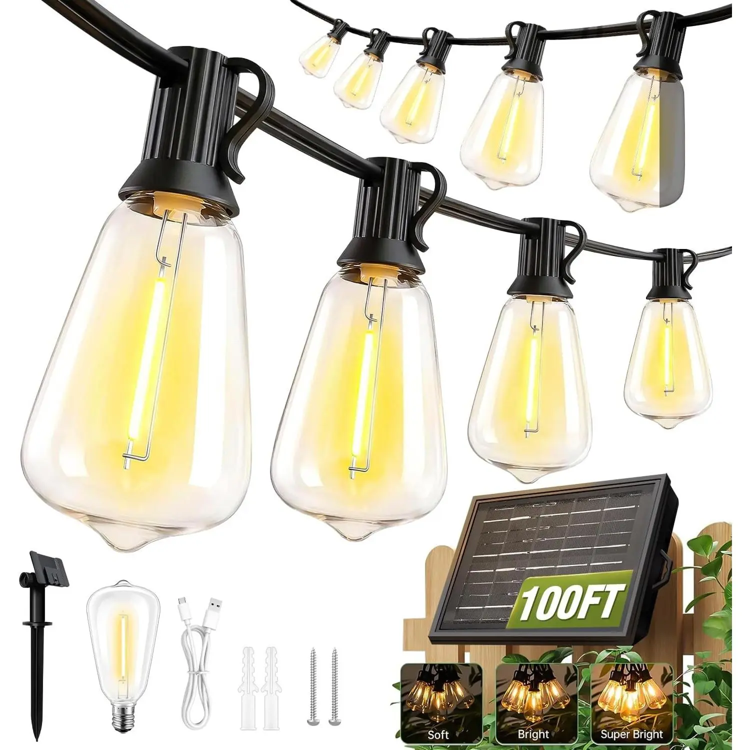 100FT Solar String Lights Outdoor Waterproof with Remote & Timer, LED Shatterproof ST38 Bulbs, USB & Solar Powered Patio Lights for Backyard, Porch, Garden, Wedding Decor, Dusk to Dawn Lighting