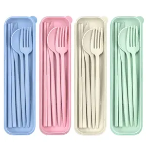 Travel Utensils with Case - Reusable Fork, Spoon & Set in Pink, Blue, Green, Lightweight Plastic for Lunch Box Accessories