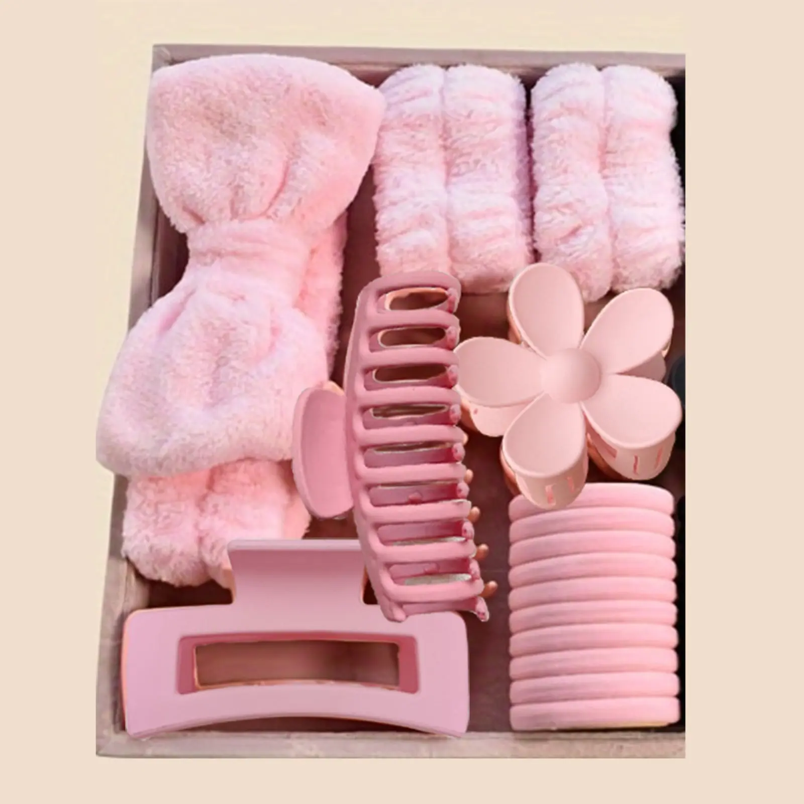 16 Pack Pink Coral Fleece Hair Accessories Set, Includes Spa Headband, Wrist Bands, Hair Claws & Elastic Hair Ties, Soft Fluffy Hair Organizer Kit, Daily Skincare Makeup Hair Styling Supplies