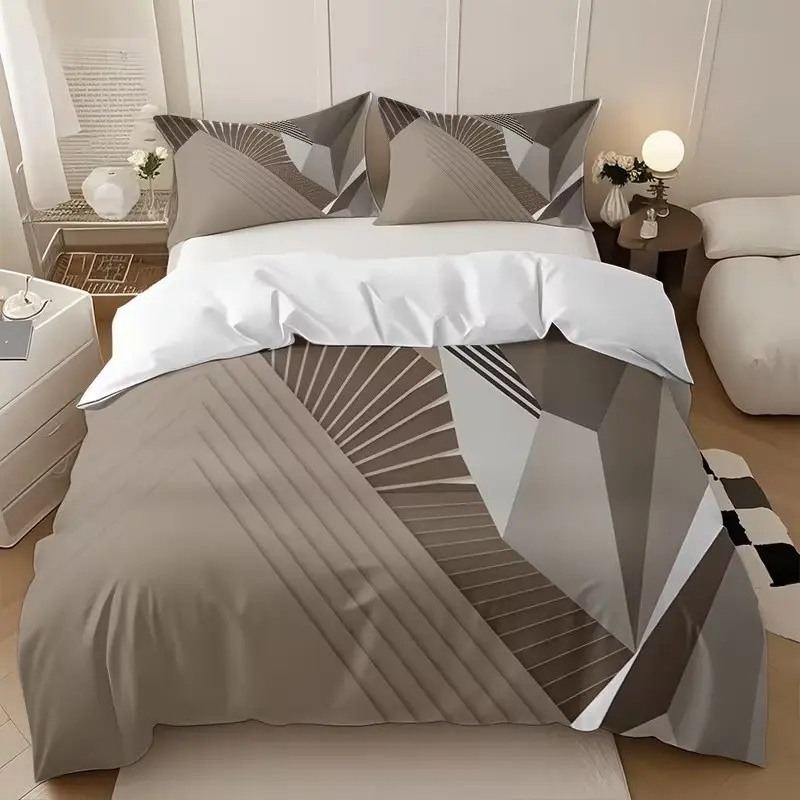 Geometric Line Print Bedspread Set, 1 Duvet Cover + 2 Pillowcases, High-Definition Printing, Home & Dorm Bedding Essentials