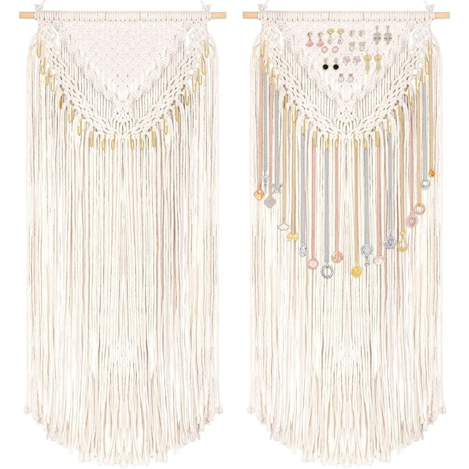 Macrame  Organizer Wall Mounted, No-Drill Necklace Holder |  Boho Decor, 22 Metal Hooks, Holds 40+ Necklaces & 10+ Pairs of Earrings, No-Drill Install, Ideal for Gifting
