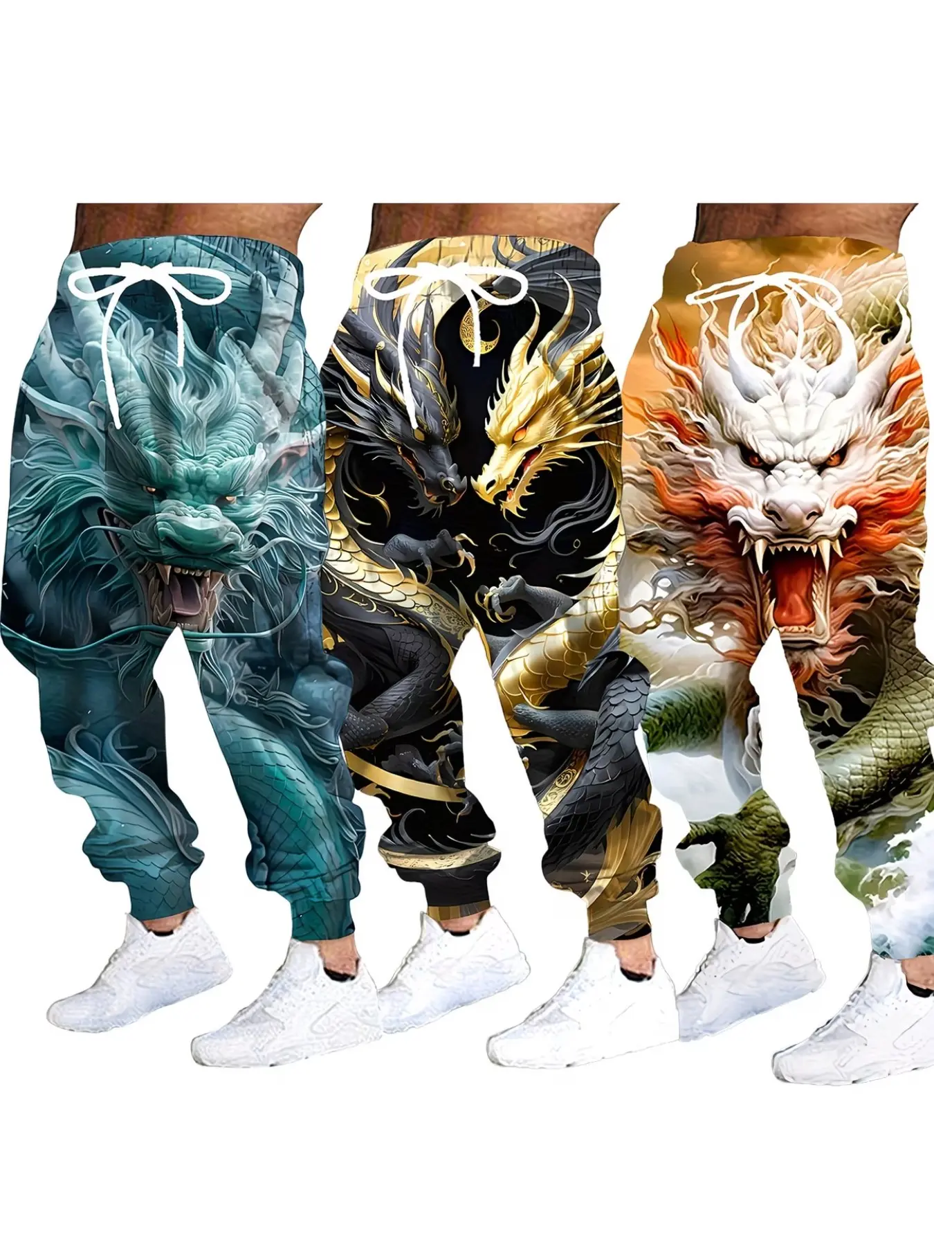 3-Pack Men's 3D Dragon Pattern Jogger Pants, Casual Mid-Waist Fitted Ankle-Length Long Pants, All-Season Drawstring Waist