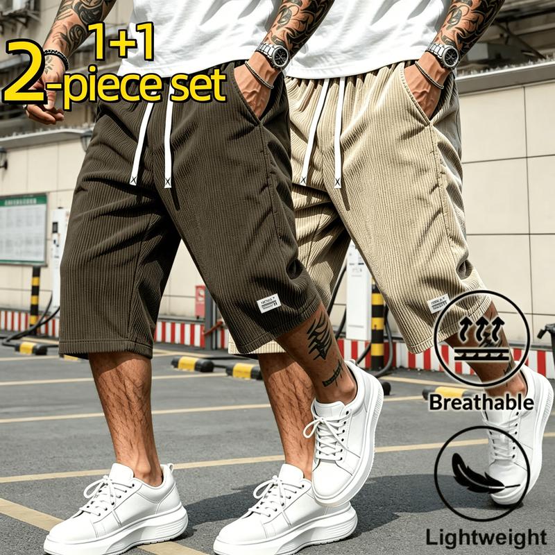 Men's 2PC Loose Retro Polyester Corduroy Shorts - Outdoor Wear with Drawstring, Machine Washable, Cold Wash Suitable for Camping&Hiking, Urban Casual Menswear