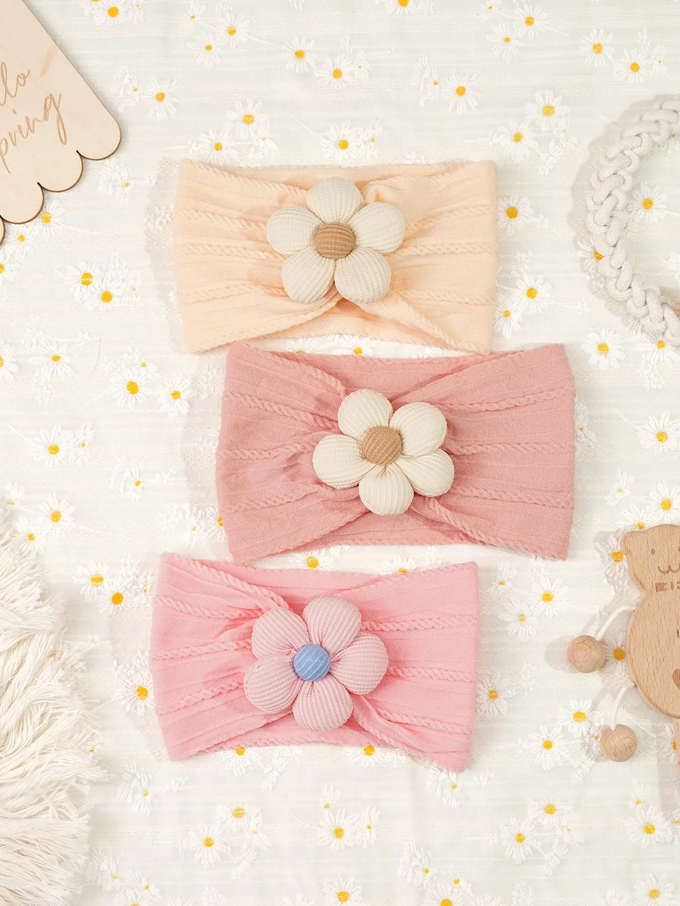 3pcs Baby Knit Headband Set, Soft Elastic Flower Design, Breathable & Comfortable, Morandi & Macaron Colors, Suitable for Newborns