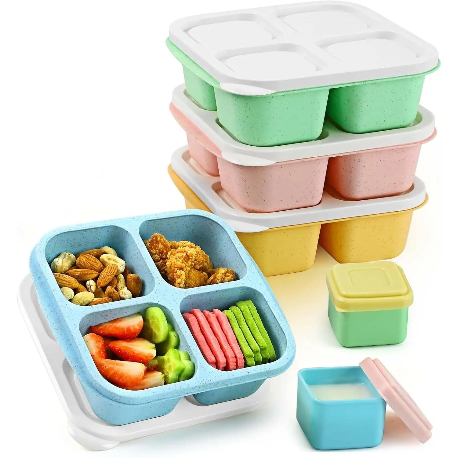 Lunchable Snack Containers - 4 Compartments Bento Snack Boxes (4 Pack) with 2 Leakproof Sauce Cups,  Divided  Containers for School, Work, Travel ( Colors)