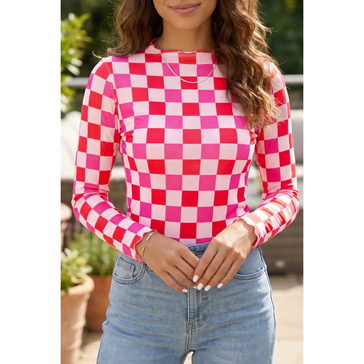 Rose Plaid Mesh Sheer Long Sleeve Top