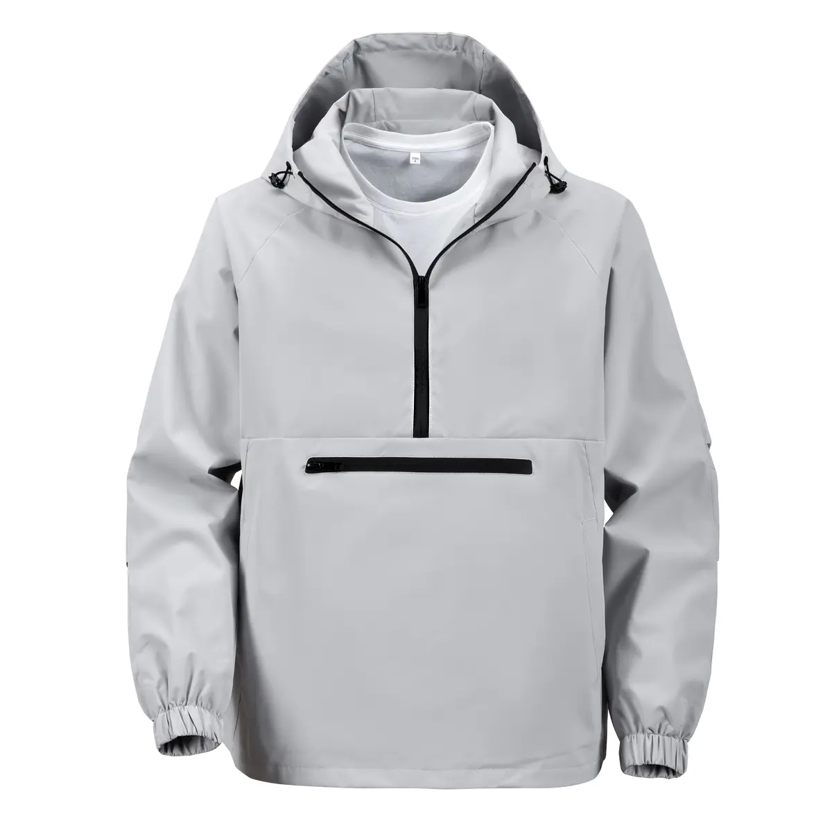 Men's half zip hooded windbreaker jacket, pullover style waterproof windbreaker, adjustable drawstring windbreaker, front zipper pocket and side pockets, elastic cuffs for loose fit, lightweight jacket, suitable for hiking, traveling, daily commuting, men