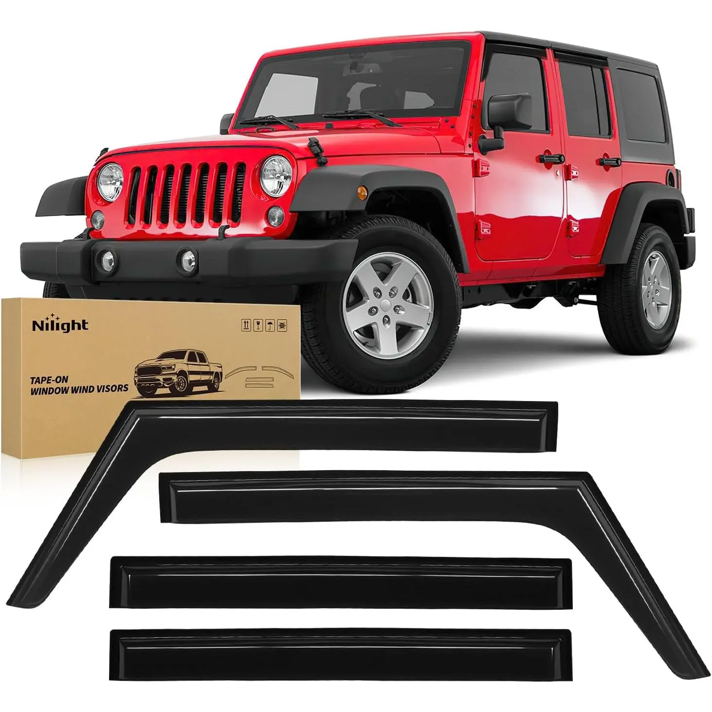 Nilight 4pcs 4 Window Rain Guards - Self-Adhesive Heat Bonding Acrylic Vent Visors for Jeep Wrangler JK 2007-2018, Rain Protection, Wind Noise Reduction, Fog Prevention, Automotive Car Exterior Accessories