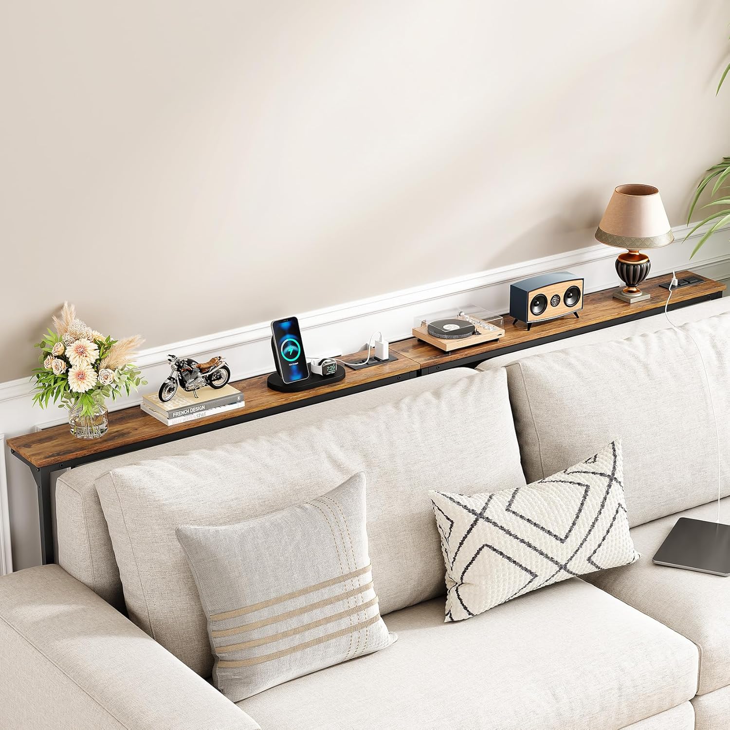 2-Pack Narrow Console Table with Adjustable Height (25"-33") & 2 Power Outlets, Skinny Behind Couch Table, 79" Long x 5.9" Wide Sofa Side Table for Living Room, Rustic Brown