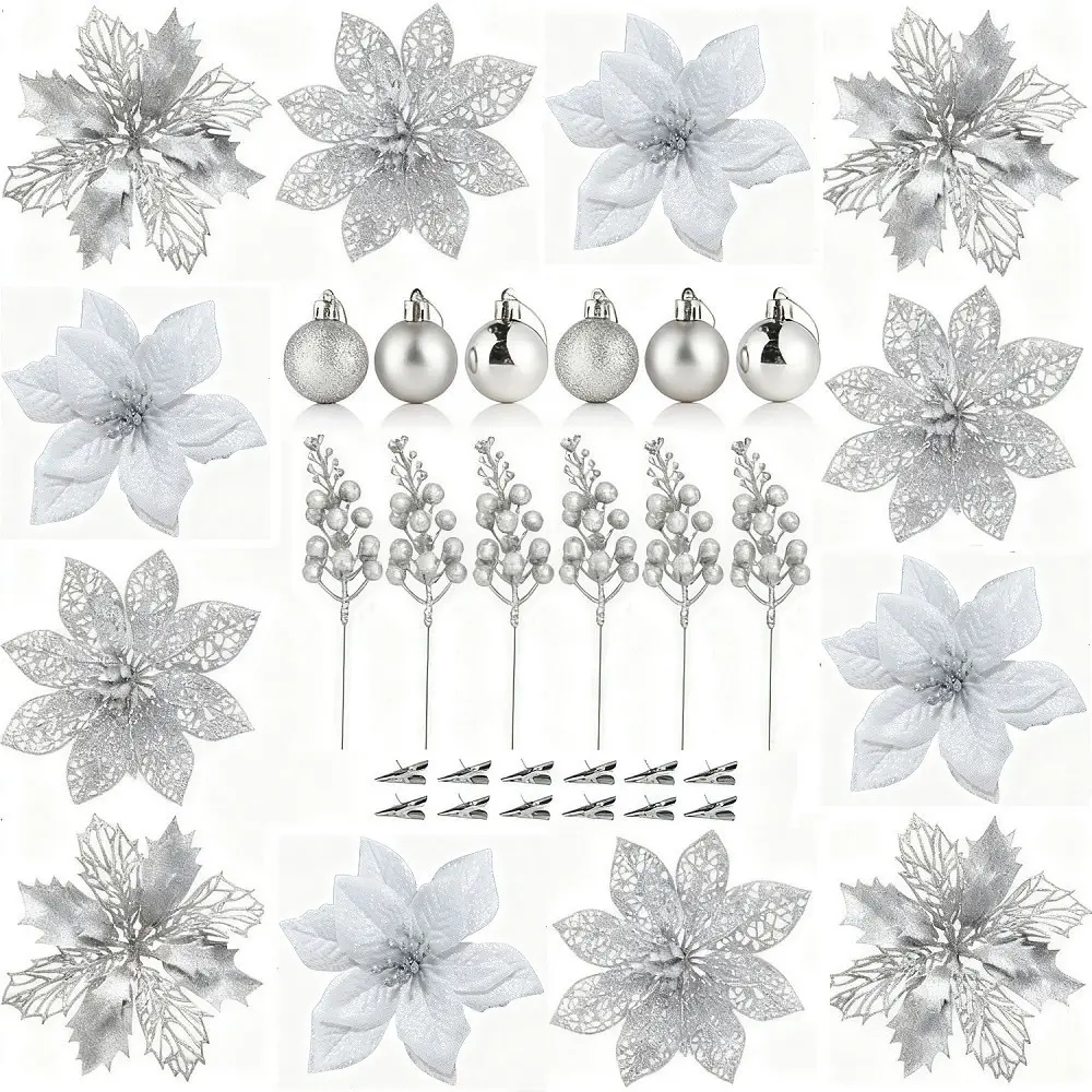 24-Piece Christmas Flower Decoration Set, Artificial Christmas Flowers, Shiny Berry Stems, Christmas Balls, Silver Color Clips, Holiday Decorations, Festive Decoration