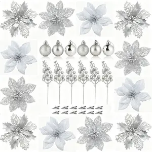 24-Piece Christmas Flower Decoration Set, Artificial Christmas Flowers, Shiny Berry Stems, Christmas Balls, Silver Color Clips, Holiday Decorations