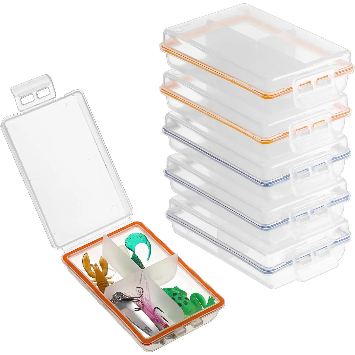 Plastic Small Fishing Tackle Box Organizer with 4 Compartments | 6 Pack Clear Mini Fishing Tackle Storage Boxes with Dividers, Transparent Fish Pocket Tackle Storage Box Lure Box