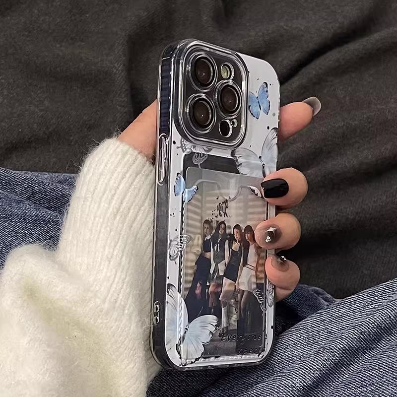 This exquisite blue butterfly transparent card holder phone case is compatible with iPhone 17/16/15/14/13/12/11/PRO/PROMAX/PLUS models. It is made of TPU material and is shockproof and drop-proof.
