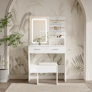 White Makeup Vanity Desk with Mirror and Lights, 31"W Dressing Table with 2 Drawers & Open Storage Shelves, Brightness Adjustable Makeup Vanity Table for Bedroom