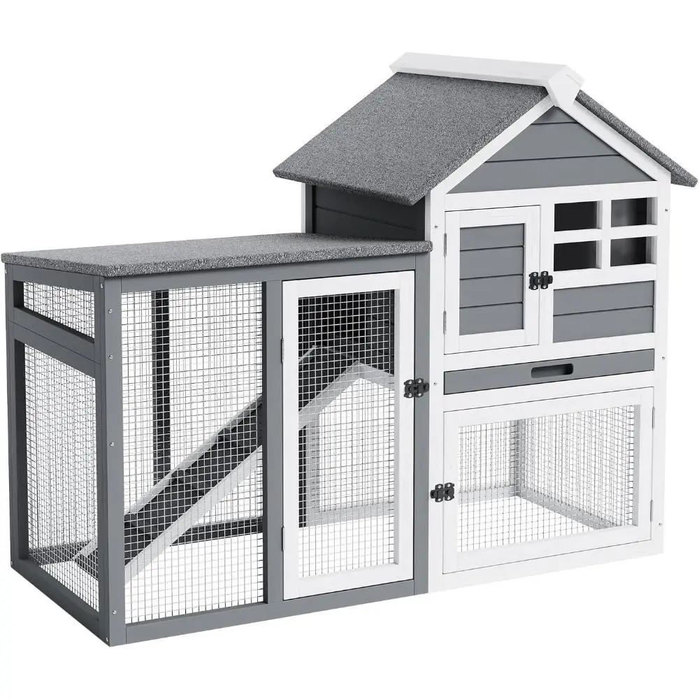 Gaomon Small Wooden Chicken Coop, 2-Story Rabbit Hutch Indoor Outdoor with Waterproof Roof, Bunny Cage with Pull Out Tray and a Wooden Ramp