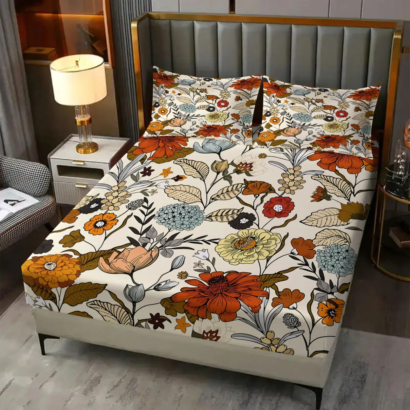 3Pcs Pastoral Autumn Floral Fitted Sheet Set, Soft All Season Fabric,  Hand-drawn Wildflower Hydrangea & Branch Print, Deep Pocket Fits Thick Mattress, 1 Fitted Sheet + 2 Coreless Pillowcases, Retro Autumn Room Makeover, Gift For Plant Lovers