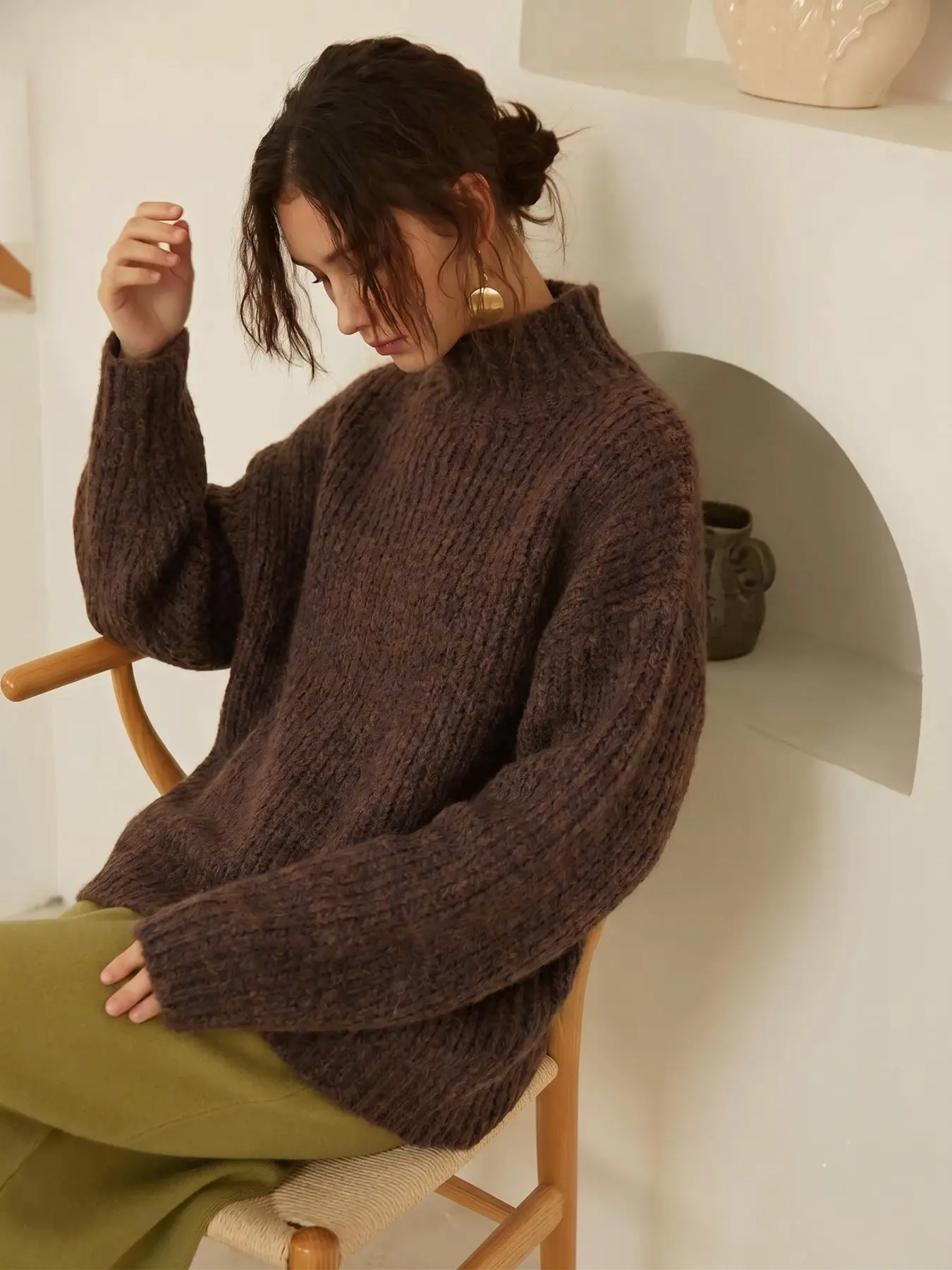 Elegant Women's Fall Winter Fashion Casual Home Wear Basic Thick Simple Baggy Loose Solid Color Knit High Neck Long Sleeve Pullover Top