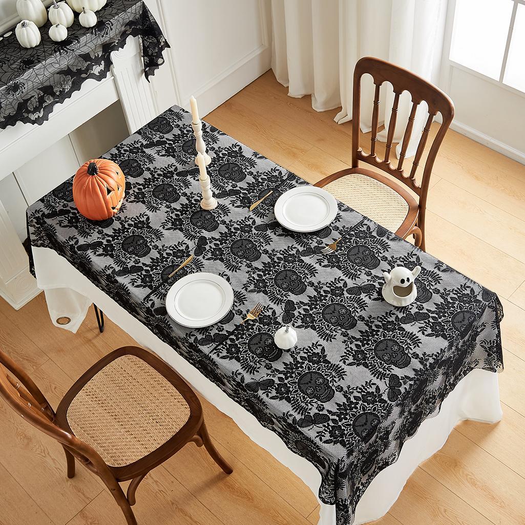 Skull & Floral Pattern Lace Tablecloth, Durable, Easy Maintenance, 1 Count Rectangular Tablecloth, Table Decoration Supplies for Home Kitchen Dining Room Party, Halloween, Table Setting