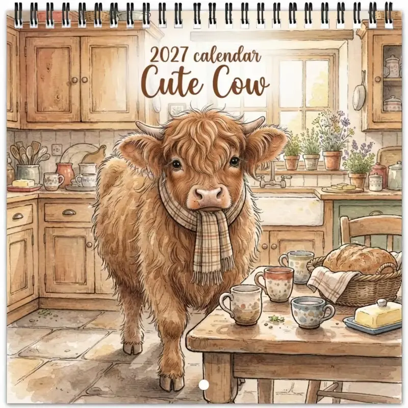 2027 Wall-Mounted Calendar, Cute Cow Kitchen Scene, Lightweight Roll, Easy Hanging, Large Date Markers, Perfect Gift for New Year, Birthday, Holidays