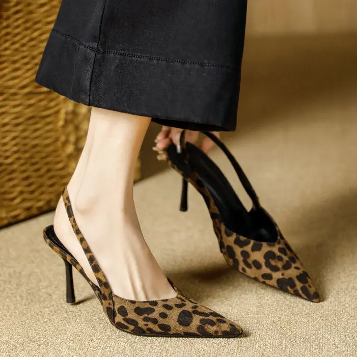 7cm Women's Leopard Print Pointed Toe Slingback Heels, Slim Stiletto Back Strap Pumps, Elegant Party Daily Dress Shoes