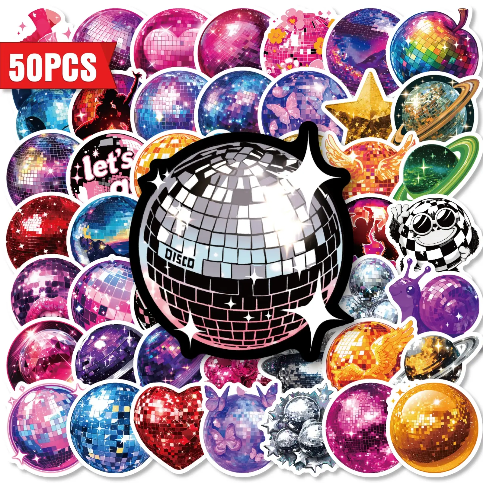 50pcs Colorful Disco Ball PET Transparent Stickers, Laser Reflective Office Stickers, Suitable for Scrapbooks, Diaries, Water Bottles, Etc. A Gift with A Positive Message and A Design Based on Belief.