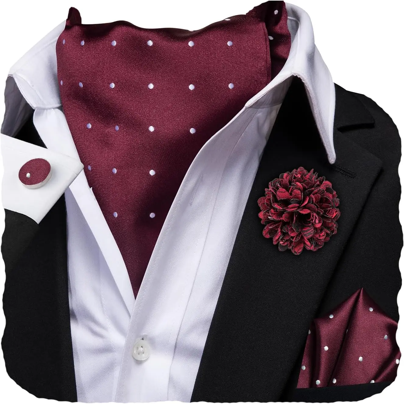 Hi-Tie Silk Ascot for Men Self Tie Men's Cravat and Flower Lapel Pin Handkerchief Cufflinks Set for Wedding Party
