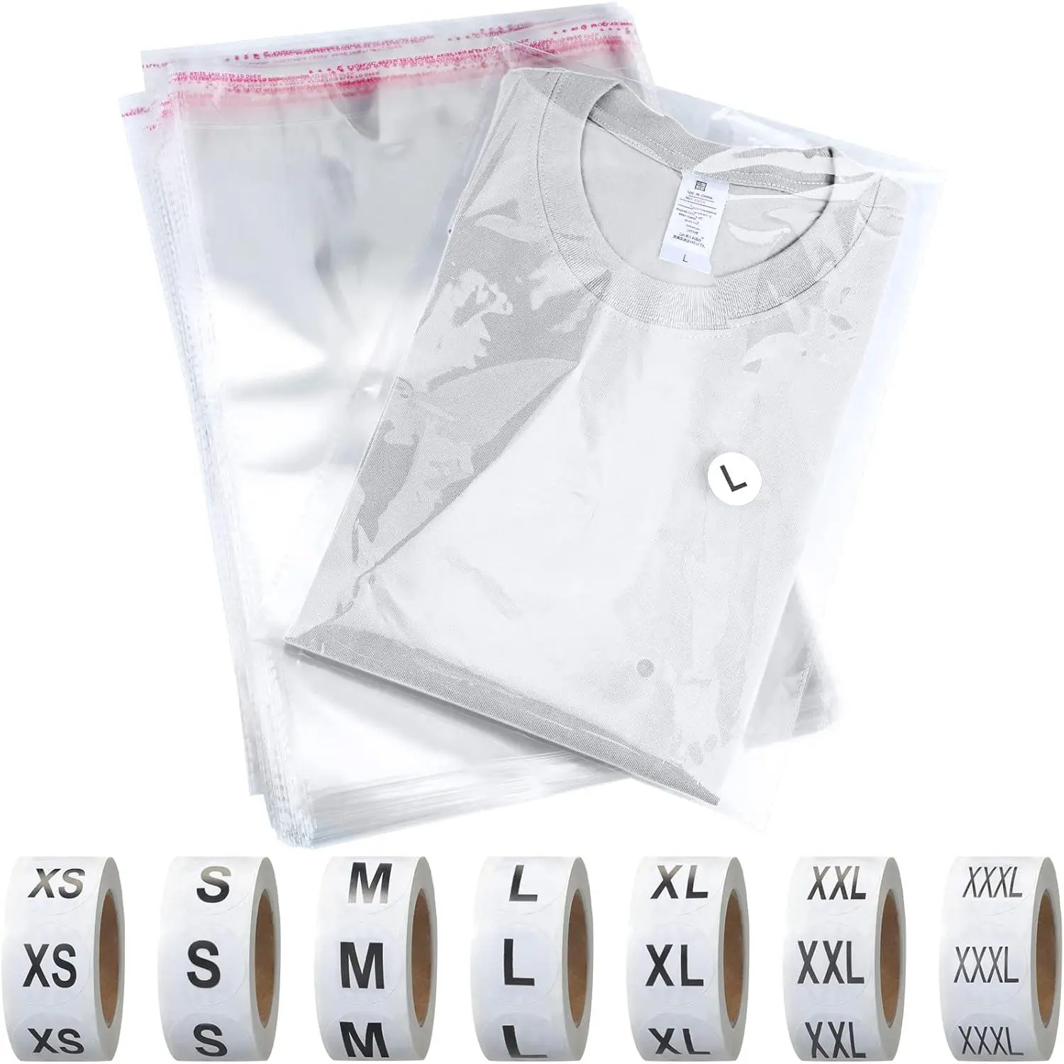 200 Pcs Resealable Poly Clear Shirt Bags with 7 Sizes 3500 Pcs Clothing Size Stickers Labels Self Sealing Plastic Bag for Small Businesses Packaging T Shirts Retail Storage(10 13 Inch)