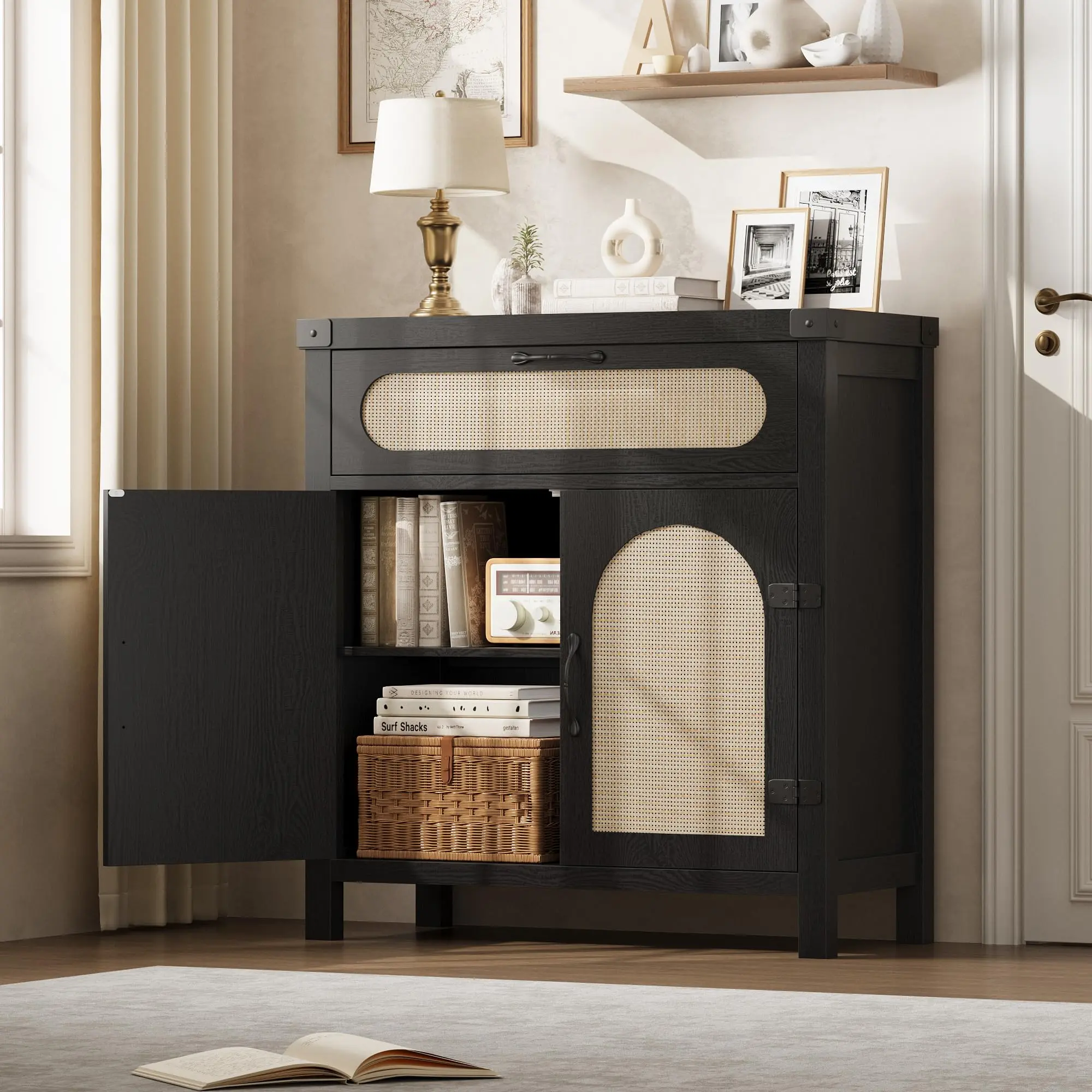 Rattan Sideboard Buffet Storage Cabinet,Sideboard Buffet Cabinet with Drawer, 30" Accent Storage Cabinet with 2 Doors, for Dining Room Living Room Kitchen Entryway, Black Wood Grain