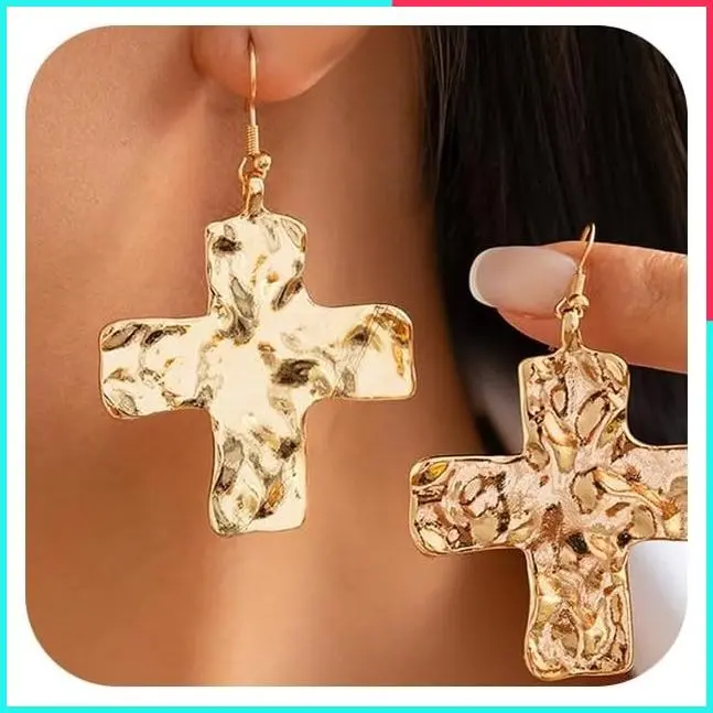 Chunky Gold Silver Cross Drop Earrings for Women, Y2K Hammered Dangling Cross Earrings, Vintage Large Faith Accessories, Minimalist Religious Jewelry for Daily Wear
