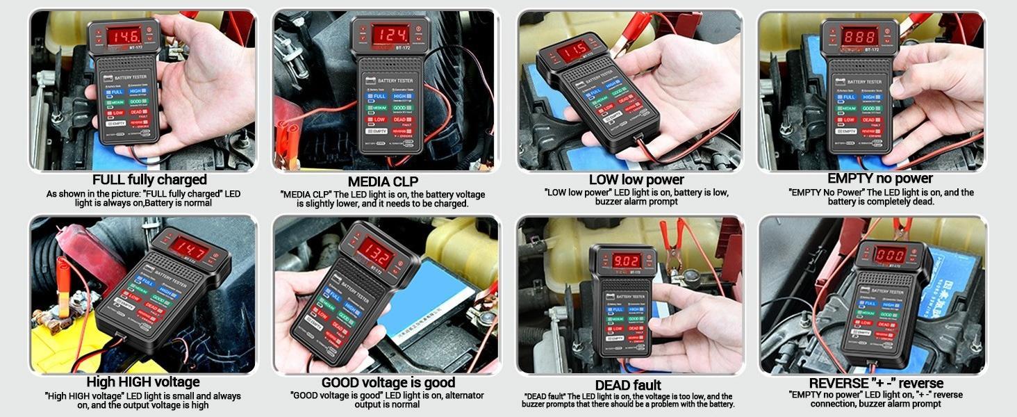 Car Battery Tester,12V Digital Automotive Batteries Tester,Alternator Charging Analyzer,Voltmeter with LCD Display and LED Indication, Voltage Indicator for Car Truck Motorcycle Electrical Tools