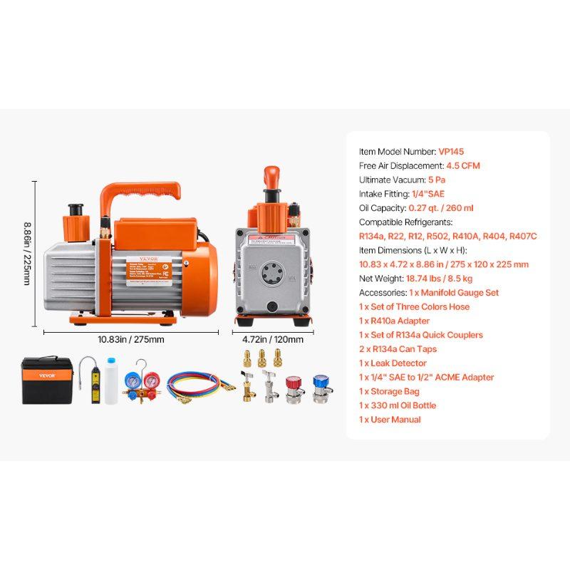 VEVOR 4.5 CFM AC Vacuum Pump and Gauge Set, Single Stage Rotary Vane HVAC Air Vacuum Pump, A/CRefrigerantManifold Gauge Kit, with Leak Detector Hoses, for R134a, R12, R22, R502a, R410A, R404, R407C