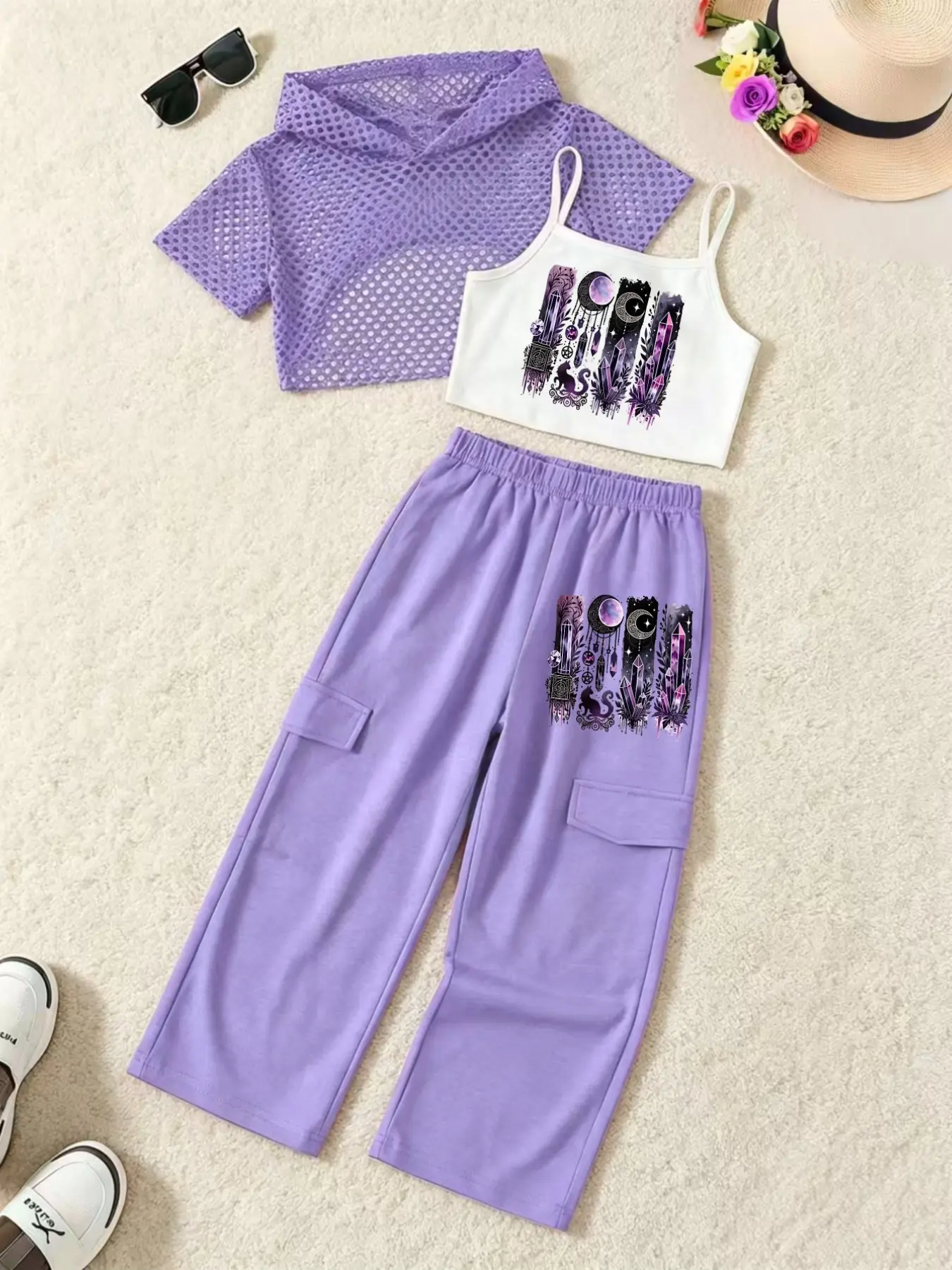 Girls' 3-Piece Fashion Set, Hooded Top + Tank Top + Sporty Pants, Gothic Style Crystal Print, Graphic Print Set, Perfect for Outdoor Activities