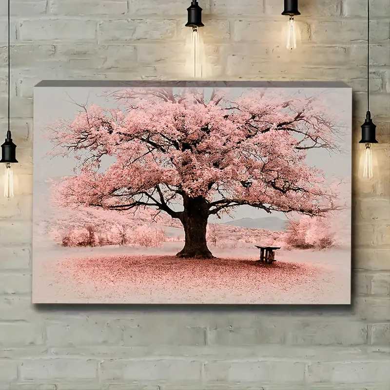 2D Flat Serene Pink Cherry Blossom Tree Framed Canvas Decorative Painting Romantic Floral Wall Art Living Room Ambiance Wall Decor Ideal Gift for Special Occasions