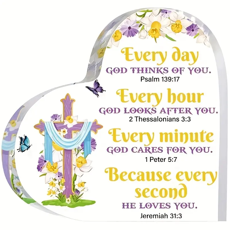 Every Day God Thinks of You" Heart Acrylic Plaque - Christian Cross & Floral Butterfly Design - Inspirational Bible Verse Gift - Religious Desk Decor