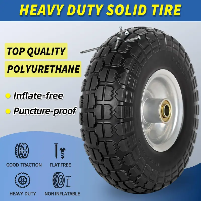 2-Pack 4.10/3.50-4" Flat Free Solid Tire & Wheel Set, 10" Tire Diameter Carbon Steel Synthetic Heavy Duty Build, 5/8" Axle Bore Hole, 2.2" Offset Hub Length, for Hand Garden Cart Dynamic Loads Replacement